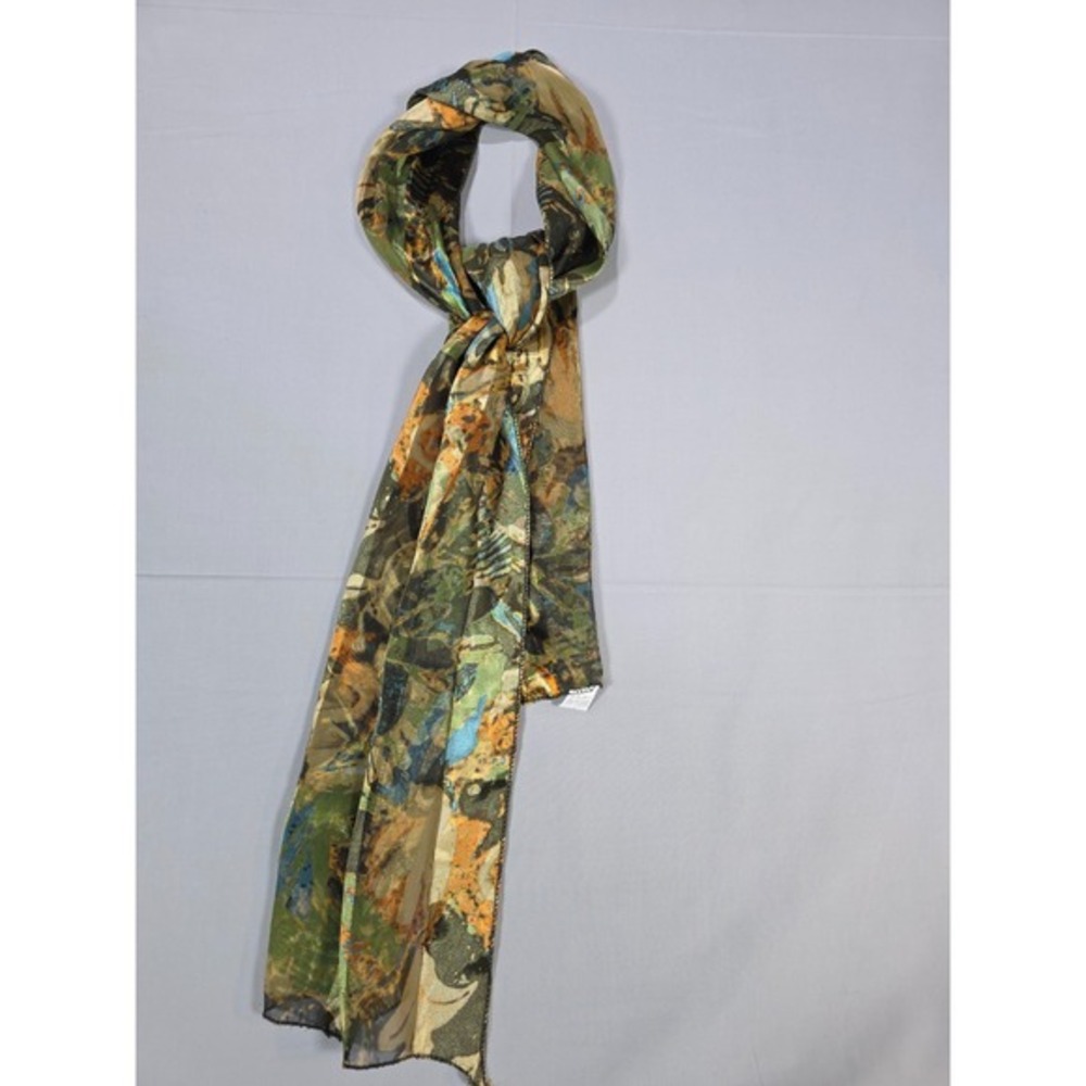 Sheer Abstract Print Scarf Long Rectangular Polyester Green Gold Multicolor